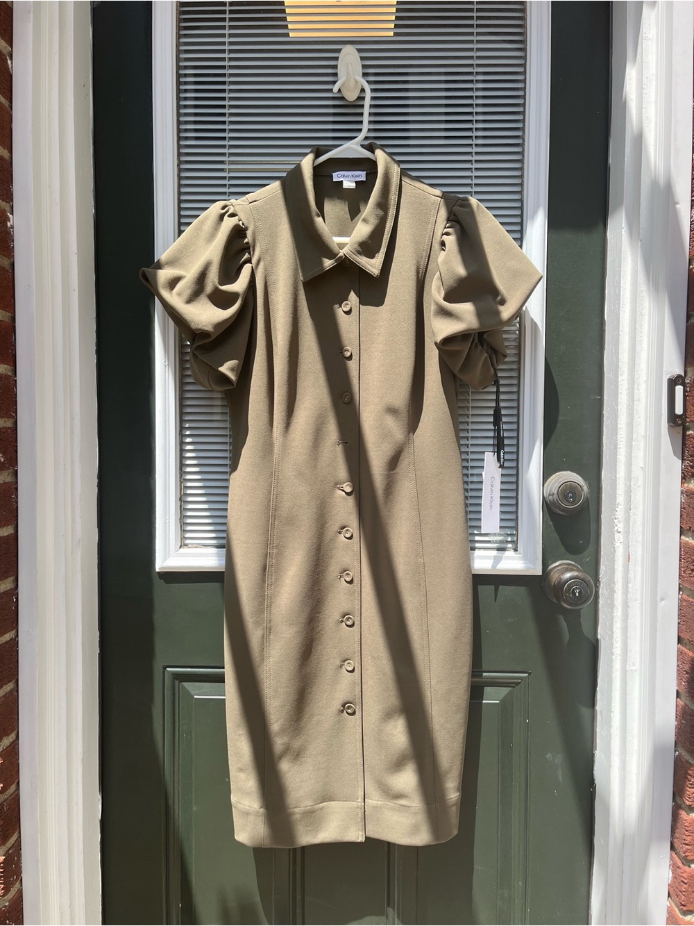Calvin Klein Olive Puff-Sleeve Button-Front Midi Dress NWT